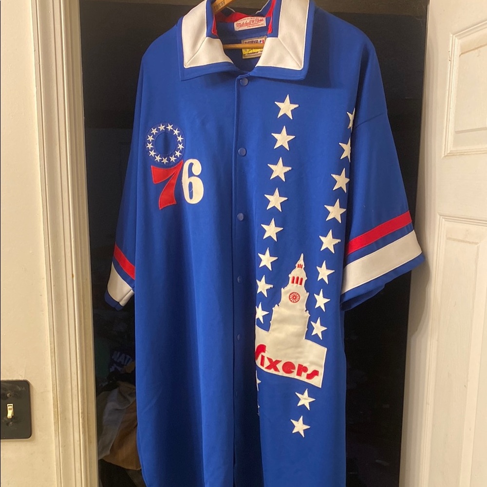 Mitchell & Ness Blue 76ers Jersey Shirt Throwback Philly 76ers warm up Dr.J